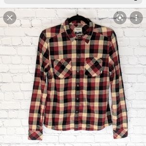 Aritzia TNA mini check red tan black plaid shirt